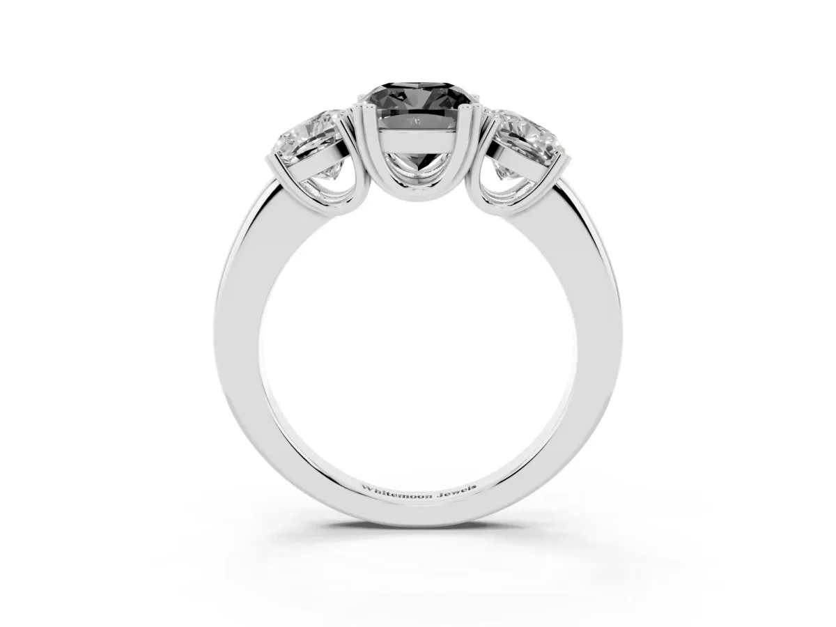 Fancy Black Three-Stone Cushion Cut Cut Diamond Ring with Channel Set Band and Four-Prong Setting Silver