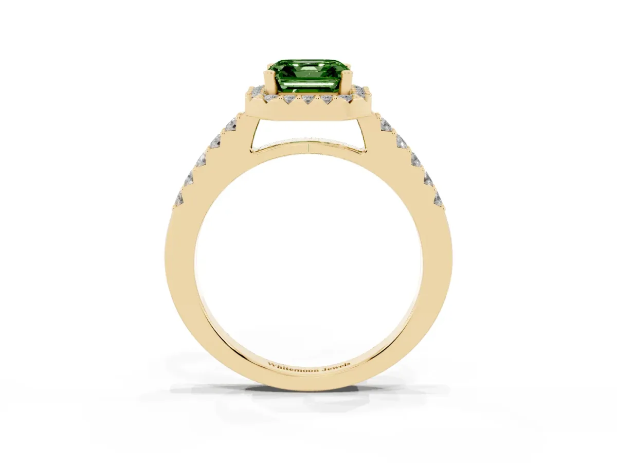 Fancy Green Asscher Cut Halo Diamond Pavé Solitaire Ring Yellow gold