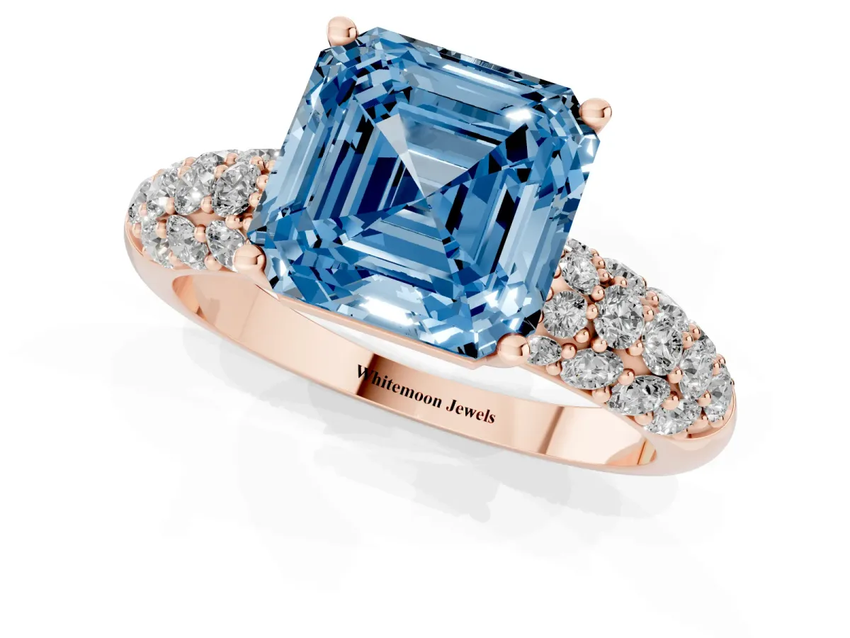 Fancy Blue Asscher Cut Diamond Pavé Band Solitaire Ring with Four-Prong Setting Rose gold