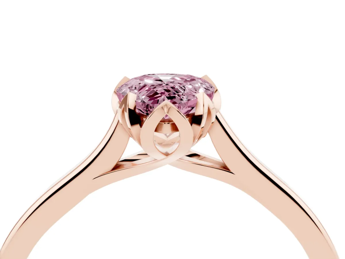 Fancy Pink Pear Cut Diamond Solitaire Ring with Flower Prong Setting and Classic Band Rose gold