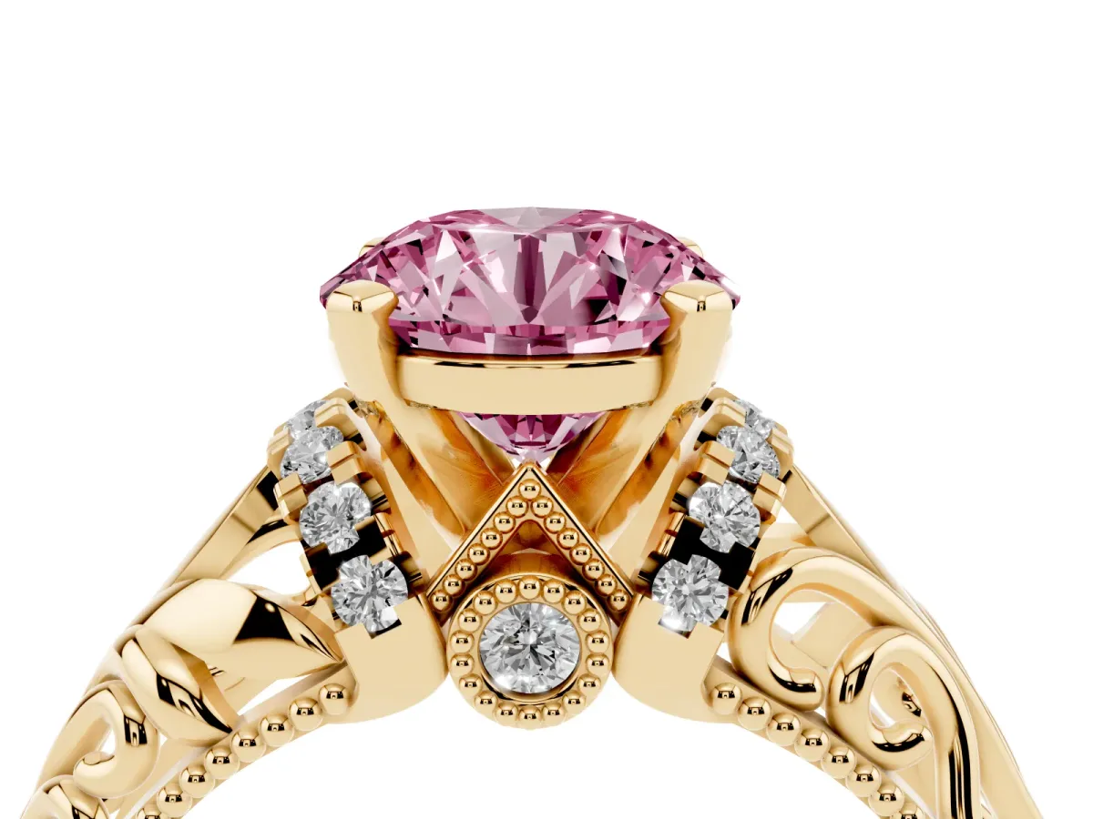 Fancy Pink Round Cut Solitaire Filigree Engagement Ring with Halo and Prong Setting Yellow gold