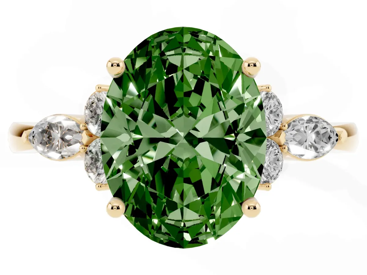 Fancy Green Oval Cut Brilliant Diamond Solitaire Ring with Pear Side Stones and Four-Prong Setting Yellow gold
