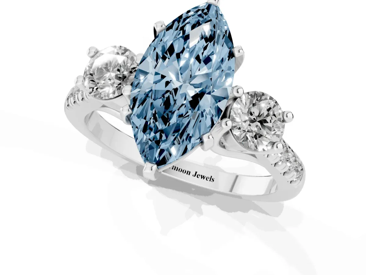 Fancy Blue Three-Stone Marquise Cut Diamond Pavé Band with Four-Prong Setting Silver