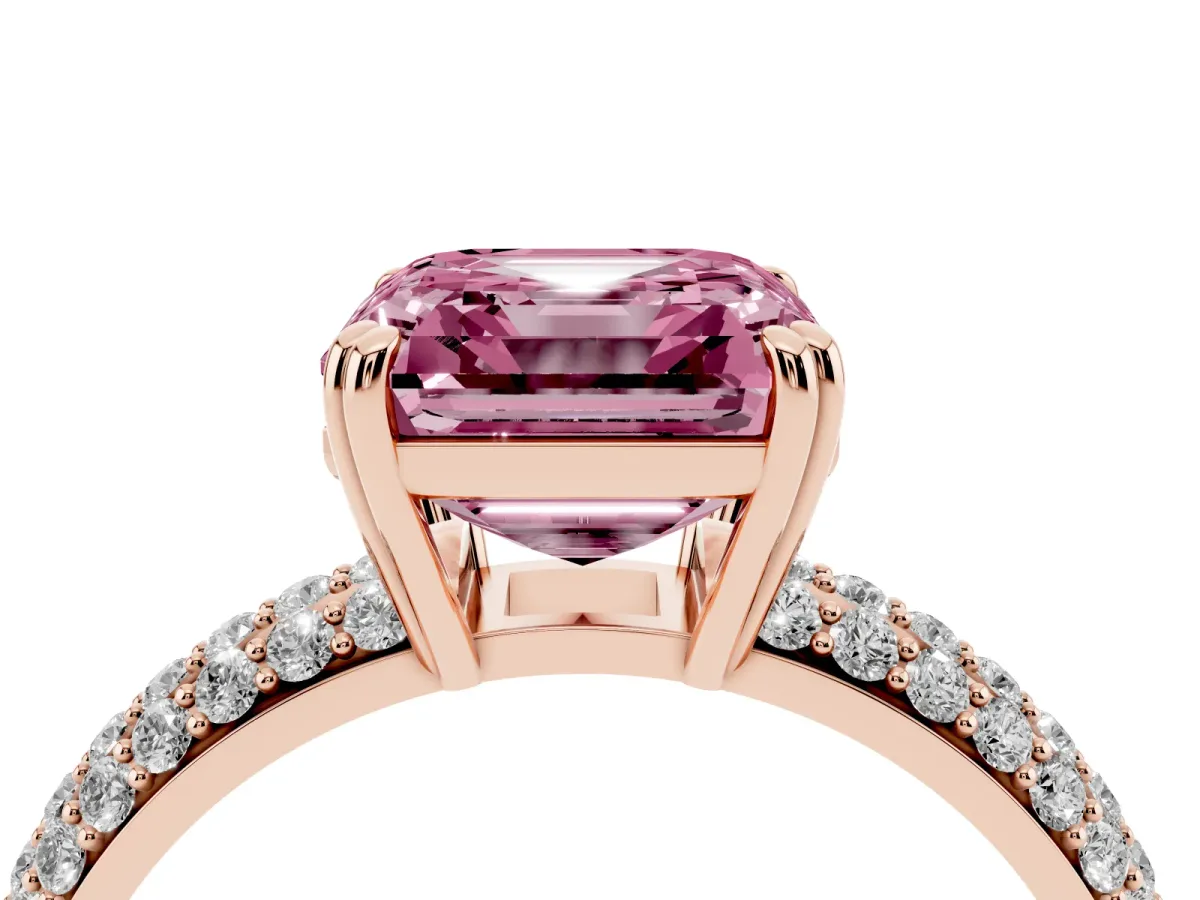 Fancy Pink Asscher Cut Diamond Solitaire Ring with Multi-Row Round Pavé Band and Prong Setting Rose gold