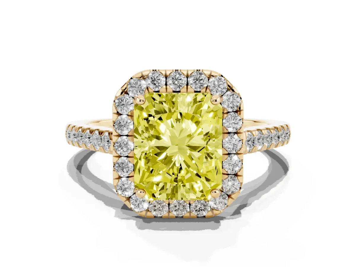 Fancy Yellow Radiant Cut Halo Pave Diamond Engagement Ring with Four-Prong Setting Yellow gold