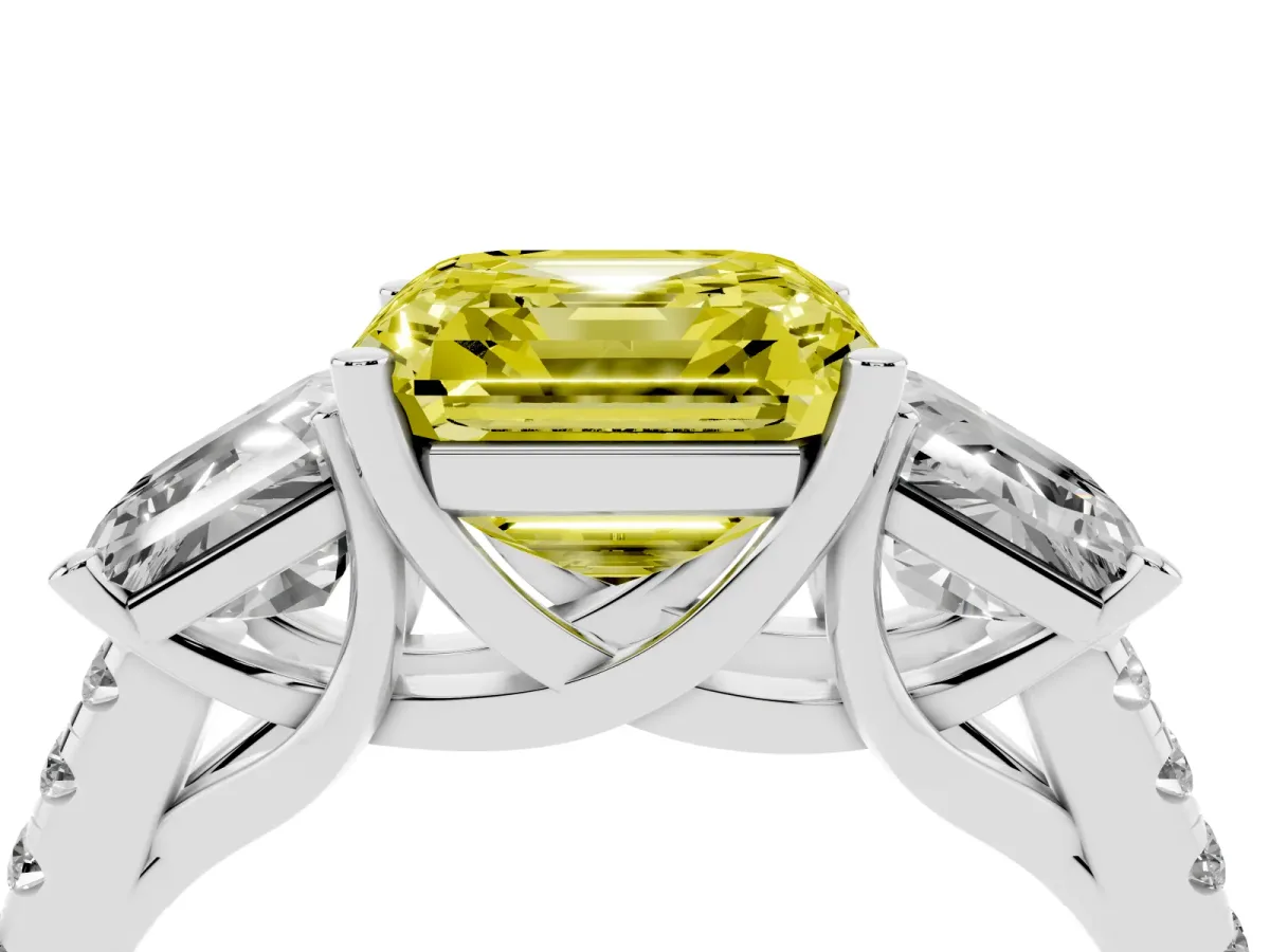 Fancy Yellow Three-Stone Asscher Cut Diamond Ring with Round Pavé Band and Prong Setting Silver