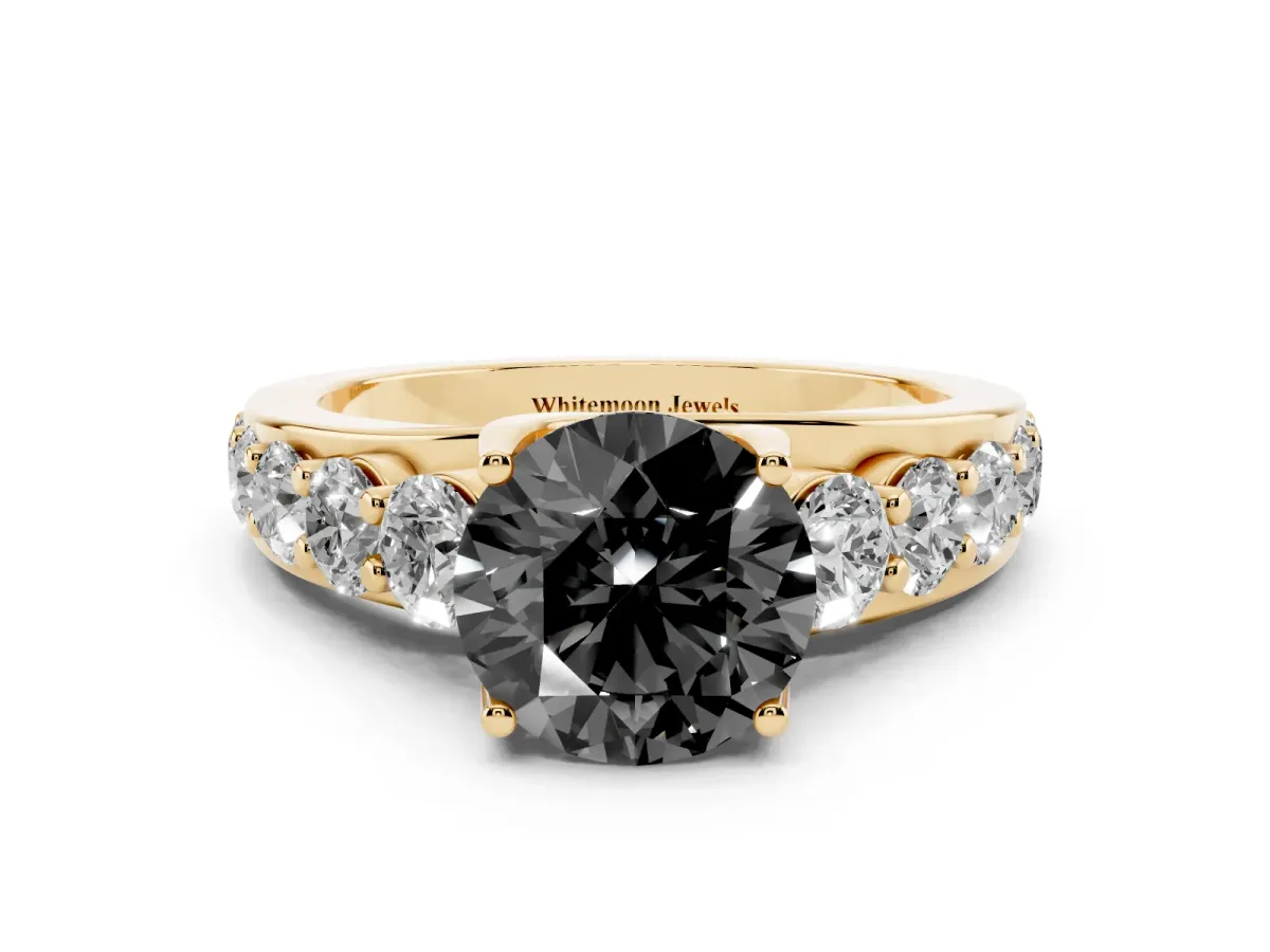 Fancy Black Round Cut Diamond Engagement Ring with Pavé Band and Four-Prong Setting Yellow gold