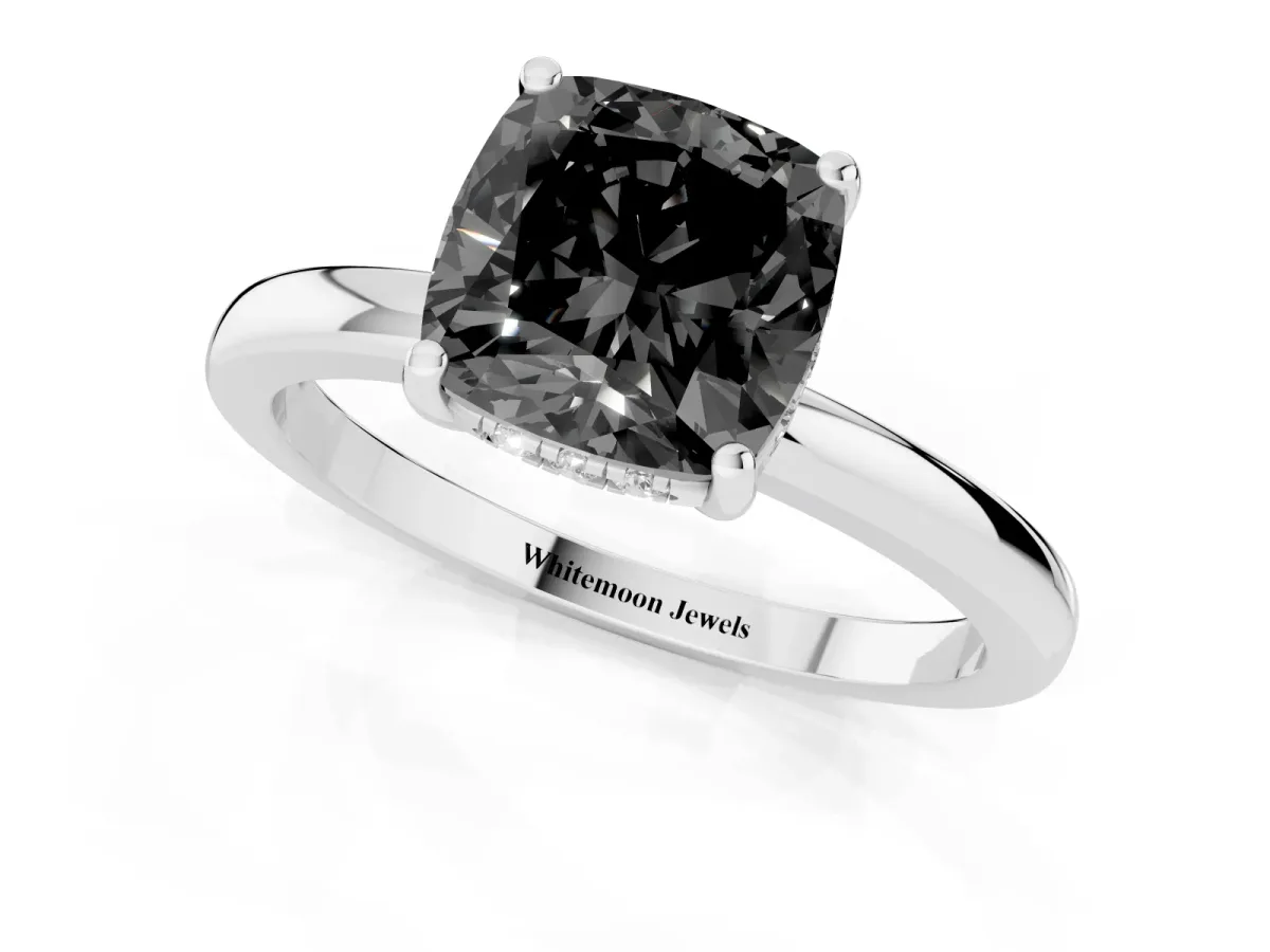 Fancy Black Cushion Cut Solitaire Diamond Ring with Prong Setting and Plain Band Platinum