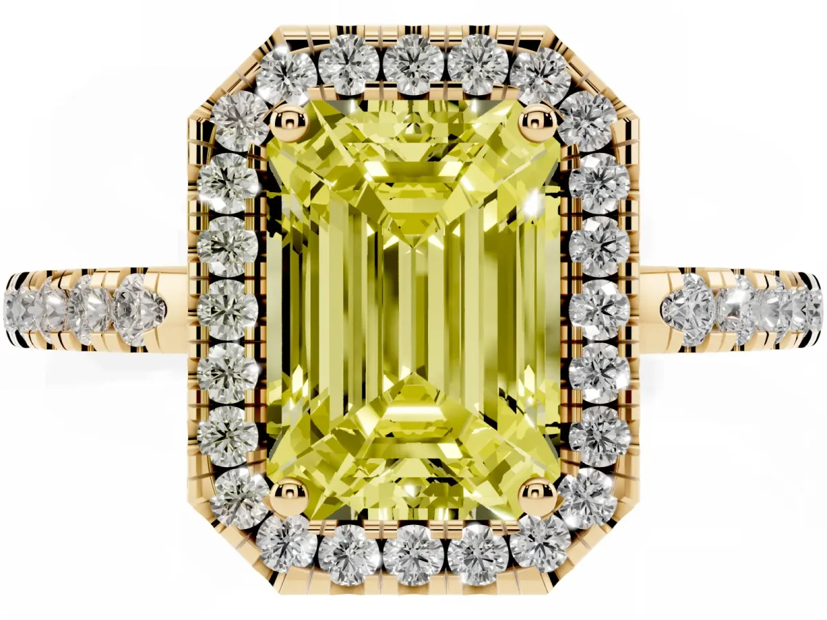 Fancy Yellow Emerald Cut Halo Diamond Engagement Ring with Pavé Band and Four-Prong Setting Yellow gold