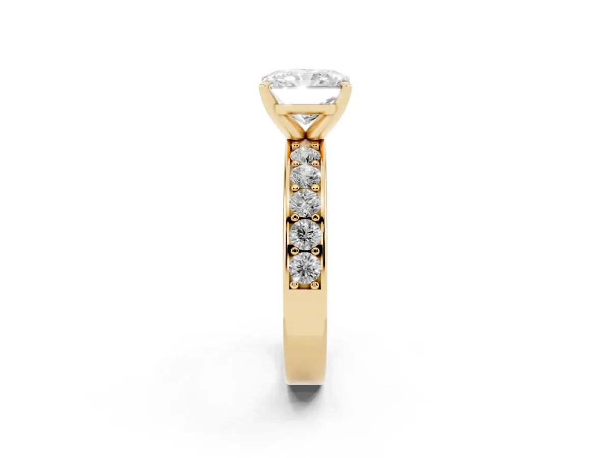 Radiant Cut Diamond Engagement Ring with Channel Set Round Band and Prong Setting Yellow gold