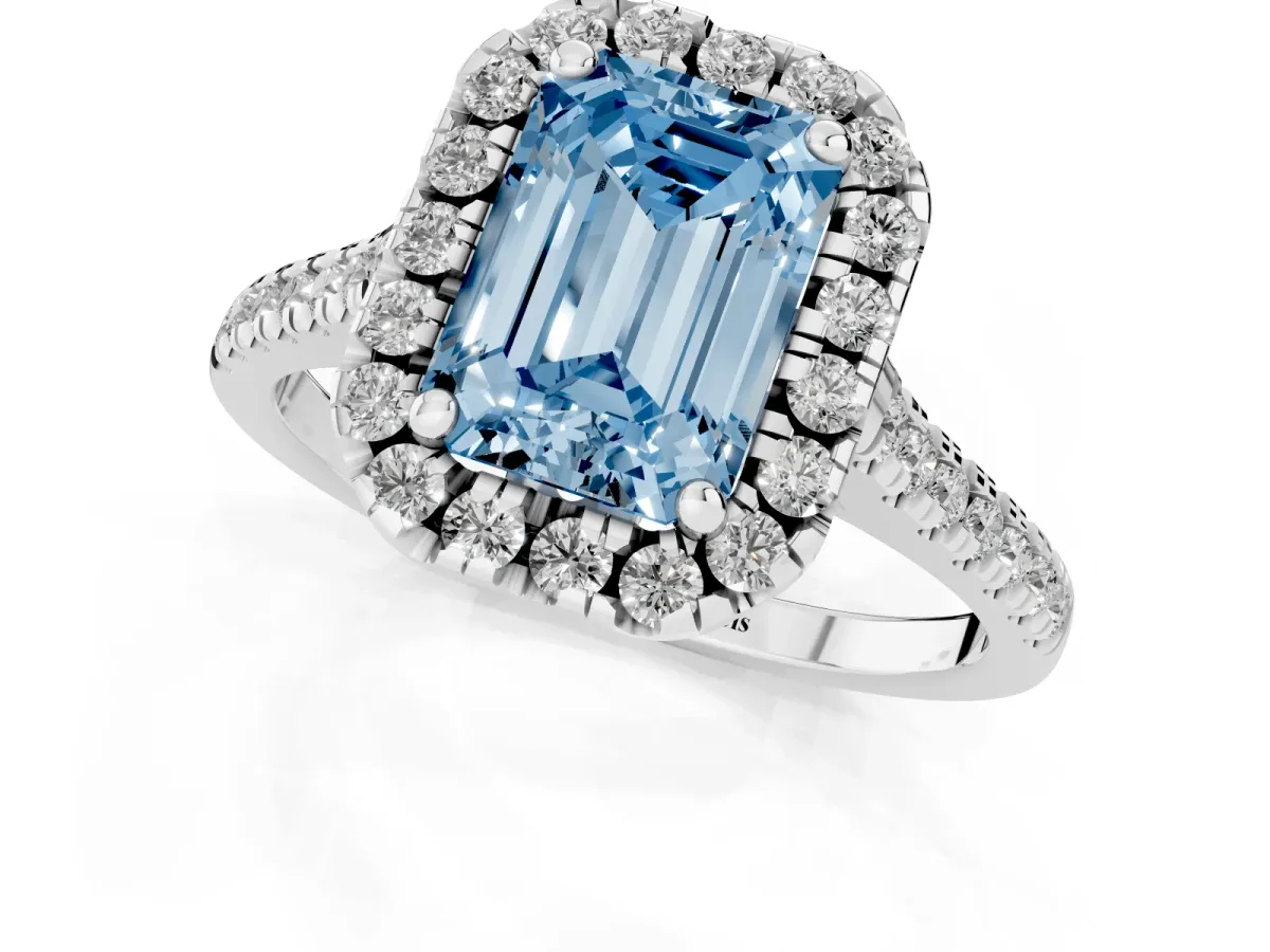 Fancy Blue Emerald Cut Diamond Cushion Halo Ring with Pavé Band Silver