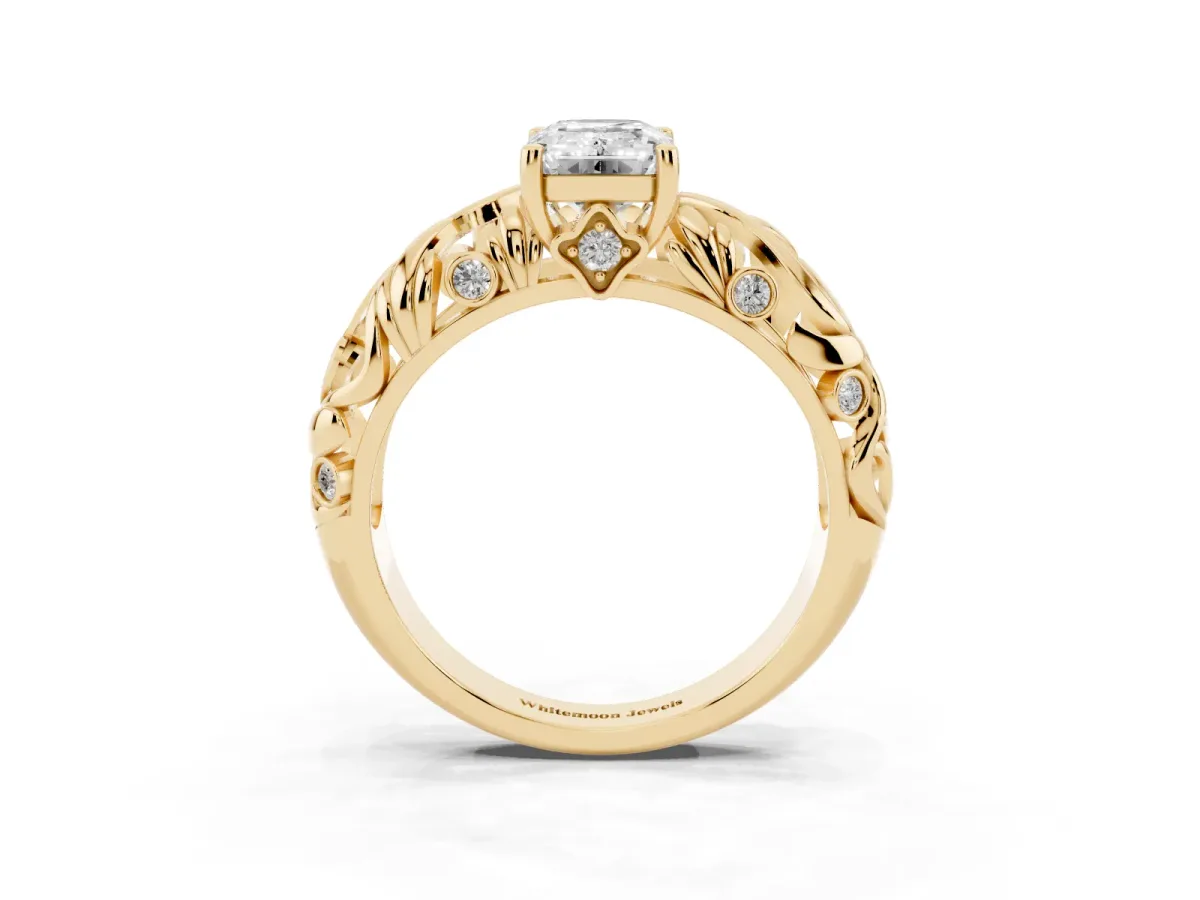Emerald Cut Solitaire Diamond Leaf-Inspired Vine Band Ring with Prong Setting Yellow gold