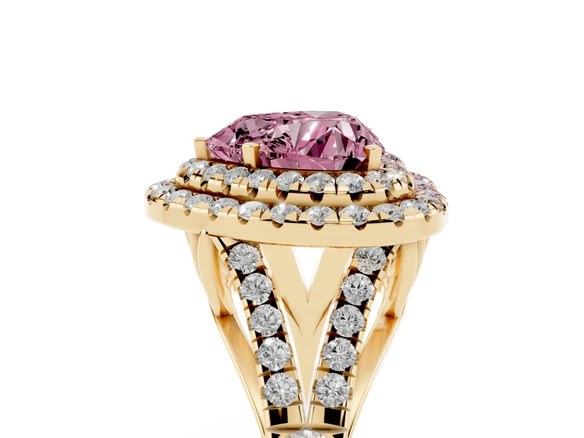 Fancy Pink Heart Cut Cut Double Halo Split Shank Diamond Ring with Prong Setting Yellow gold
