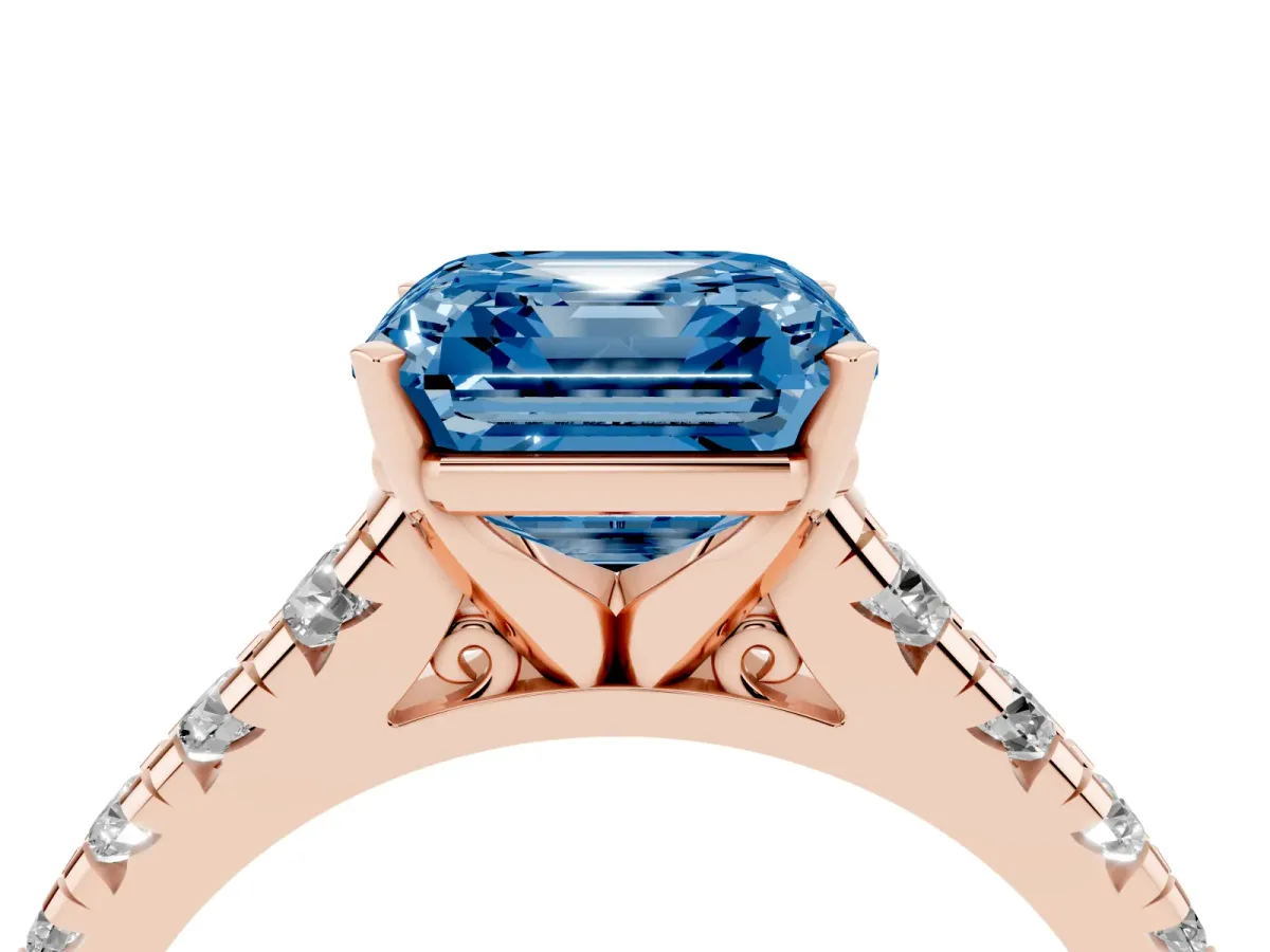 Fancy Blue Asscher Cut Diamond Cathedral Solitaire Ring with Round Pavé Band Rose gold