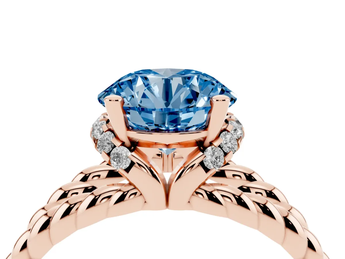 Fancy Blue Round Cut Halo Twisted Band Four-Prong Ring Rose gold