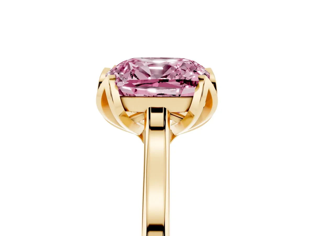 Fancy Pink Cushion Cut Diamond Solitaire Ring with Flower Prong Setting and Classic Band Yellow gold