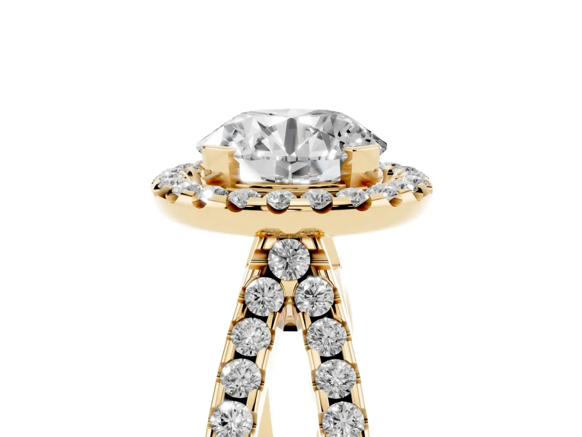 Round Cut Diamond Halo Ring with Split Shank Pavé Band and Prong Setting Yellow gold