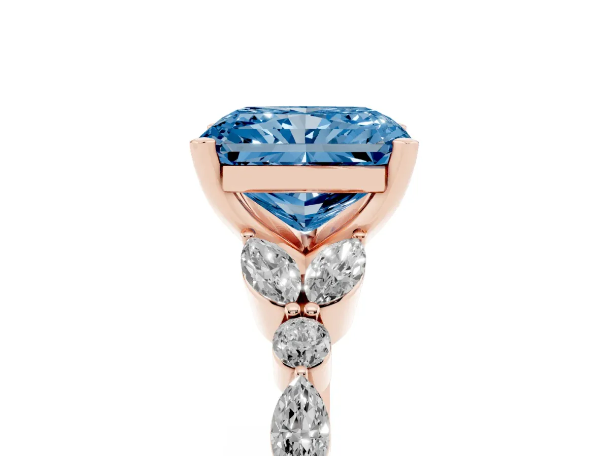 Fancy Blue Radiant Cut Diamond Solitaire Ring with Side Stones and Four-Prong Setting Rose gold
