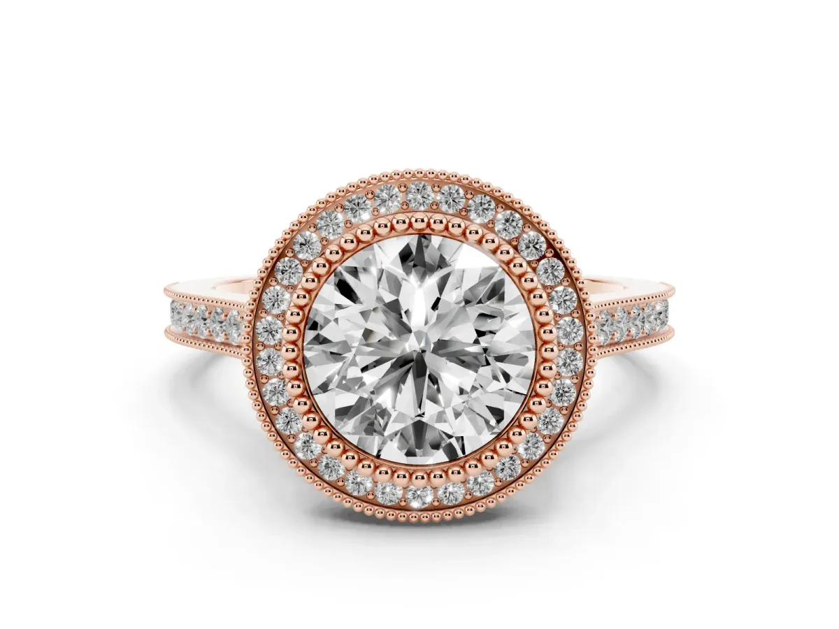 Round Cut Diamond Halo Ring with Milgrain Frame and Pavé Band Rose gold