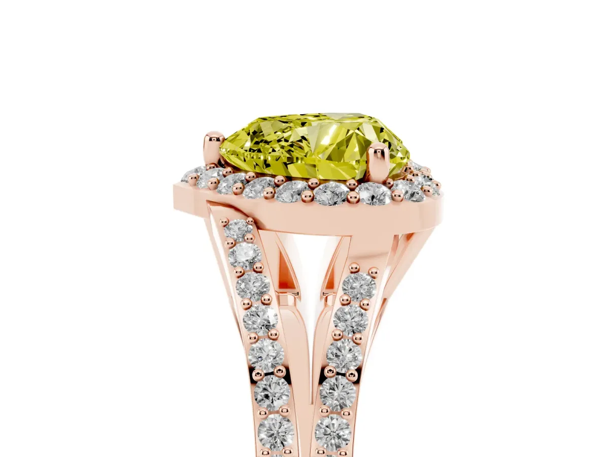 Fancy Yellow Heart Cut Halo Split Shank Pave Diamond Ring with Four-Prong Setting Rose gold