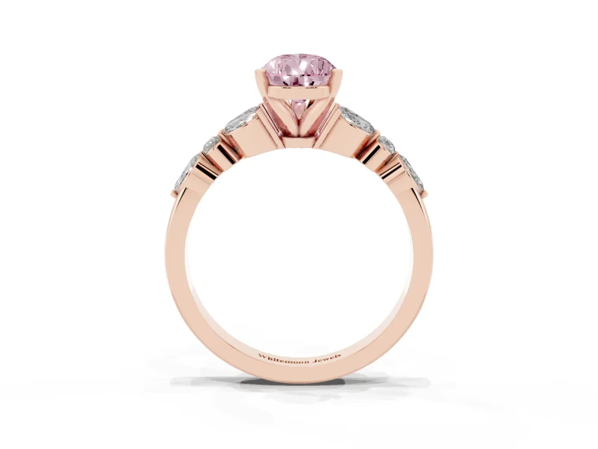 Fancy Pink Pear Cut Diamond Solitaire Ring with Side Stones and Four-Prong Setting Rose gold