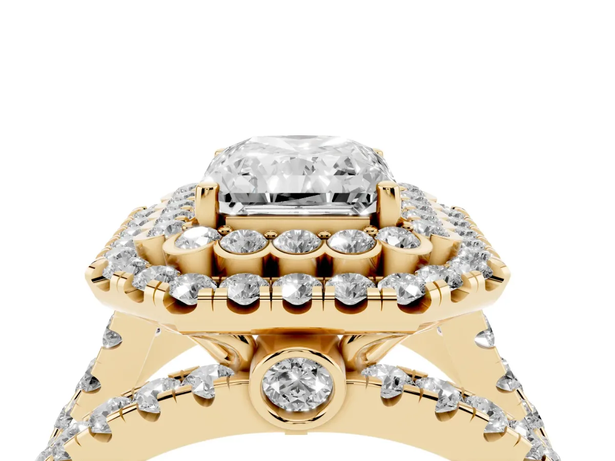 Radiant Cut Diamond Double Halo Ring with Round Pavé Split Shank and Prong Setting Yellow gold