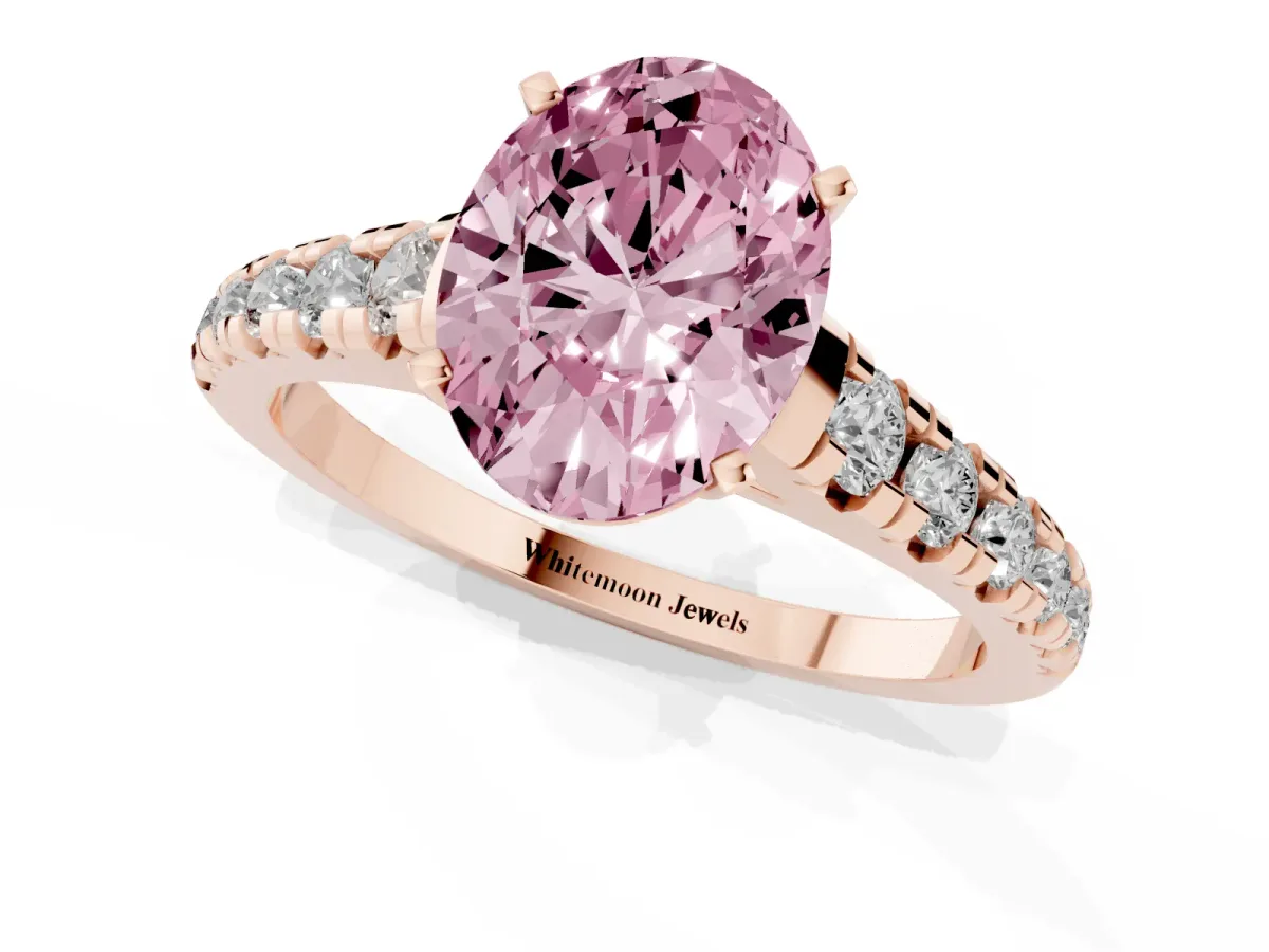 Fancy Pink Oval Cut Diamond Cathedral Solitaire Ring with Round Pavé Band Rose gold