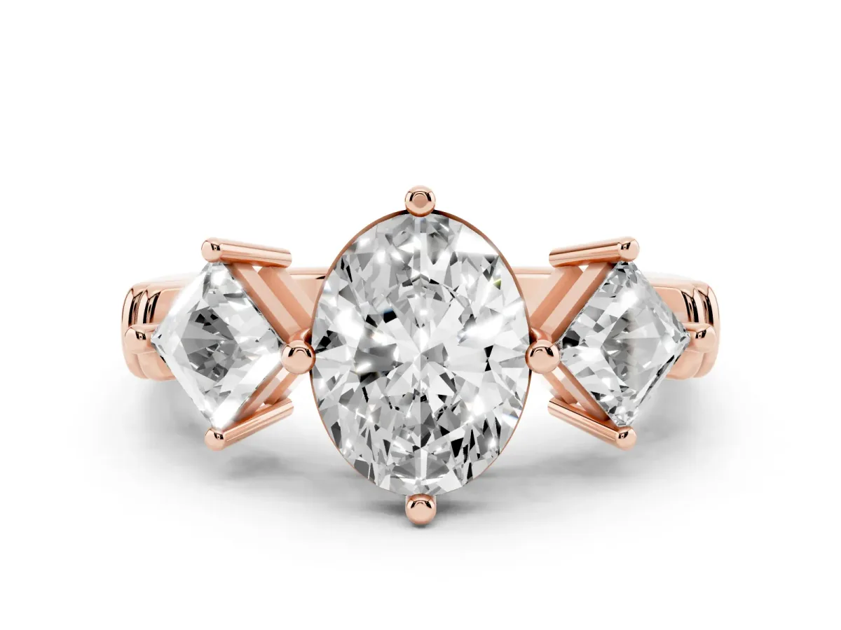 Three-Stone Oval Cut and Princess Cut Diamond Ring with Channel Band and Four-Prong Setting Rose gold