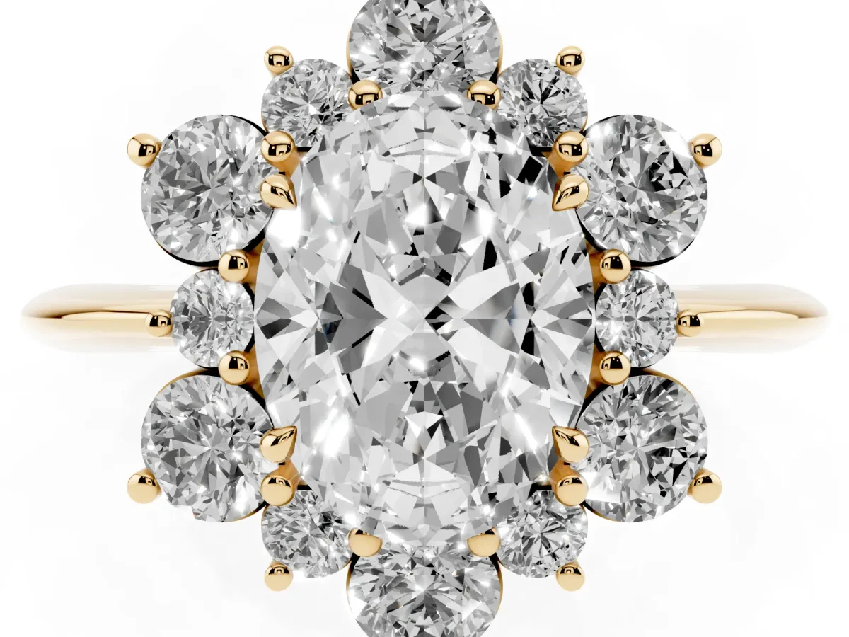 Oval Cut Diamond Cluster Halo Ring with Solitaire Band and Four-Prong Setting Yellow gold