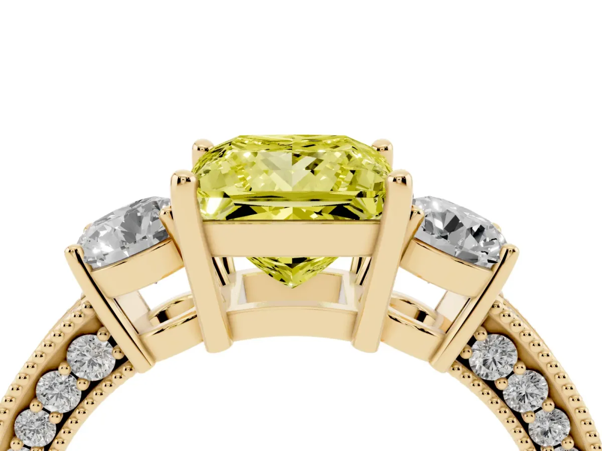 Fancy Yellow Princess Cut Three-Stone Diamond Ring with Pavé Band and Four-Prong Setting Yellow gold