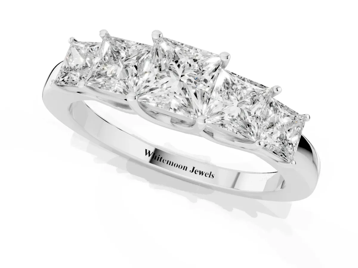 Princess Cut Five-Stone Diamond Ring with Classic Prong Setting White gold
