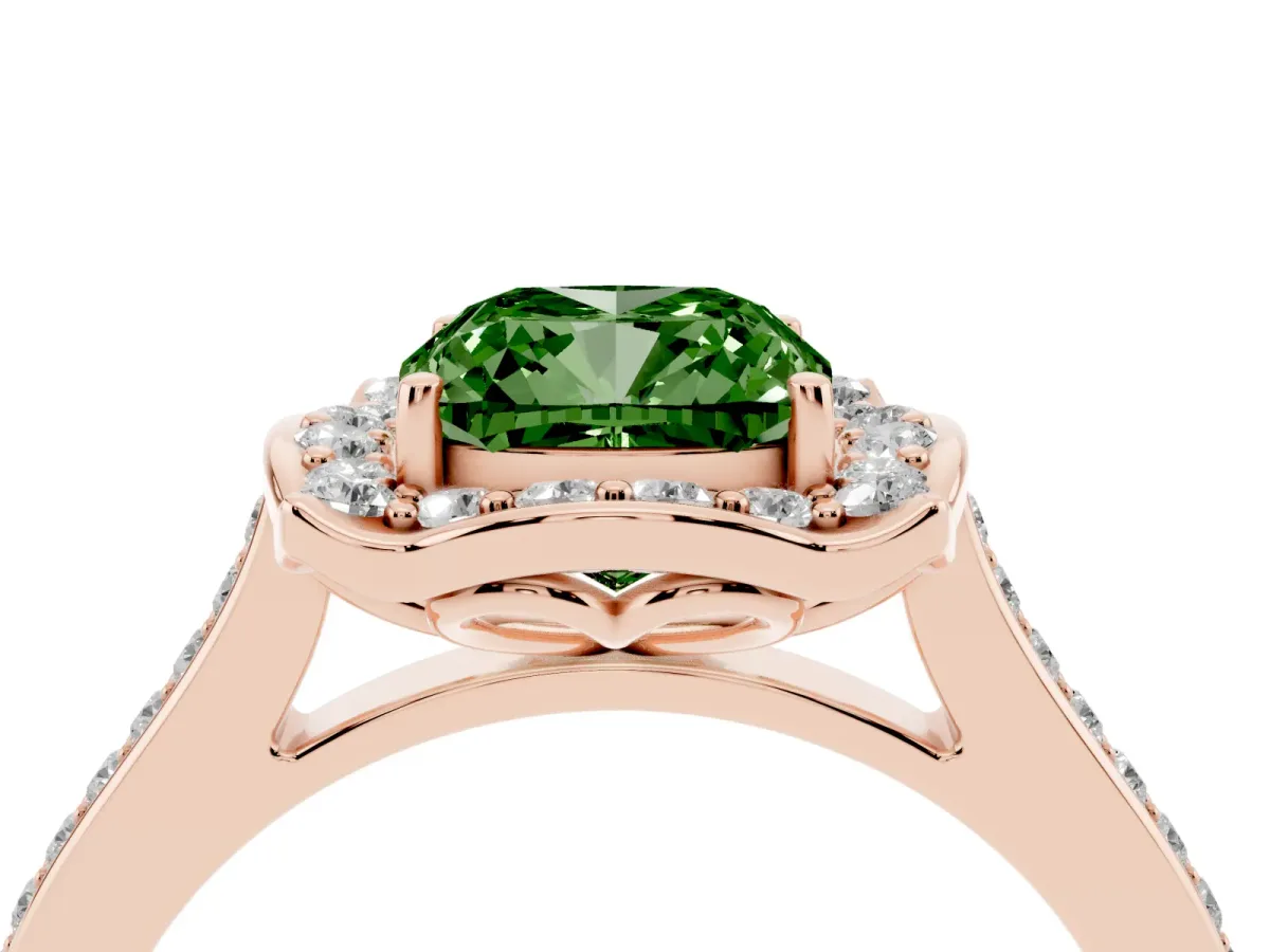 Fancy Green Cushion Cut Halo Round Diamond Pave Band with Four-Prong Setting Rose gold