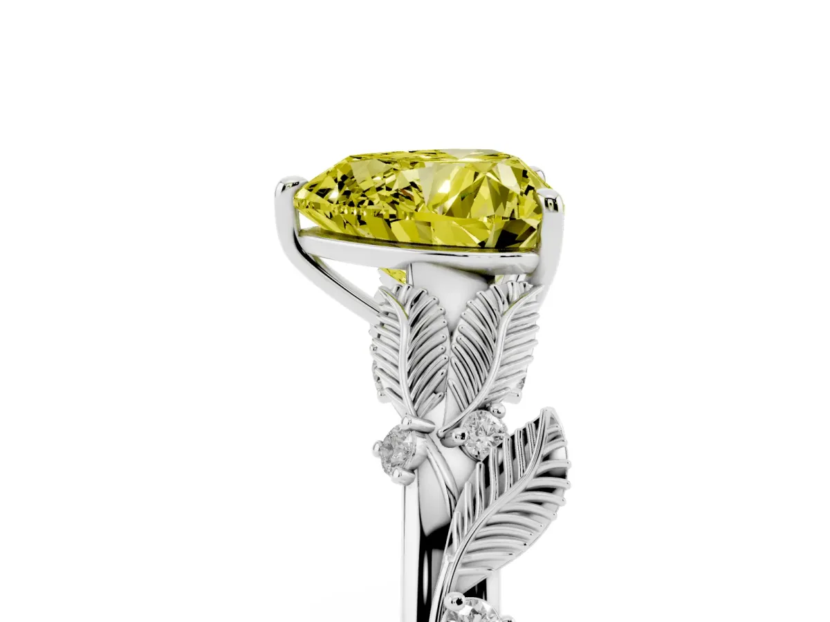 Fancy Yellow Heart Cut Diamond Solitaire Ring with Leaf Motif Band and Four-Prong Setting Silver