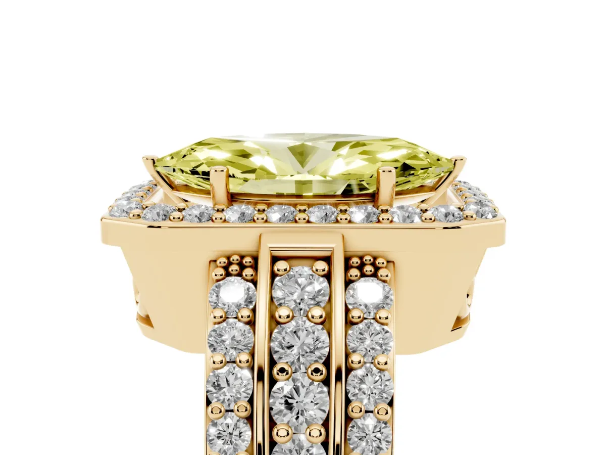 Fancy Yellow Marquise Cut Halo Diamond Ring with Round Split Shank and Prong Setting Yellow gold