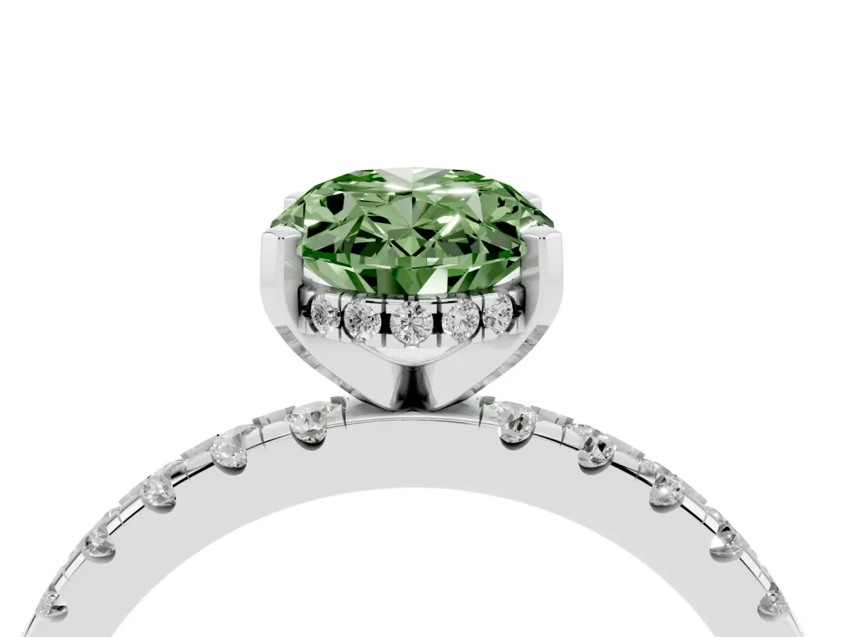 Fancy Green Oval Cut Diamond Solitaire Ring with Round Pavé Band and Four-Prong Setting Silver