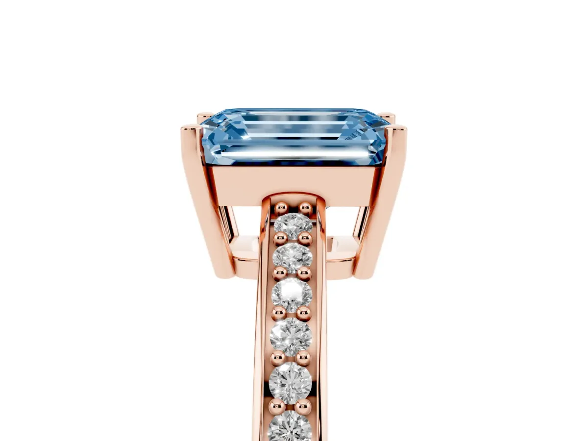Fancy Blue Emerald Cut Solitaire Pavé Band Prong Setting Ring Rose gold