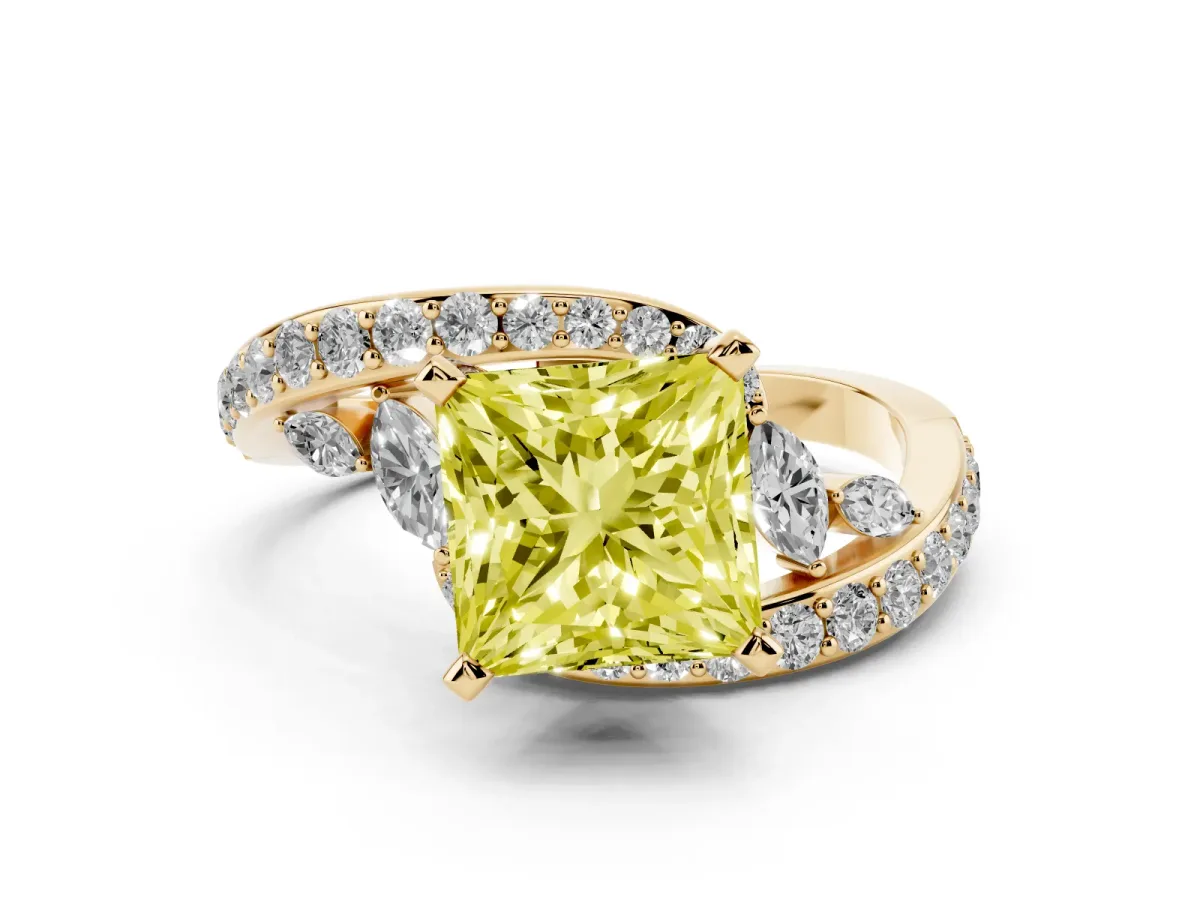 Fancy Yellow Princess Cut Solitaire with Pavé Twist Band and Four-Prong Setting Yellow gold