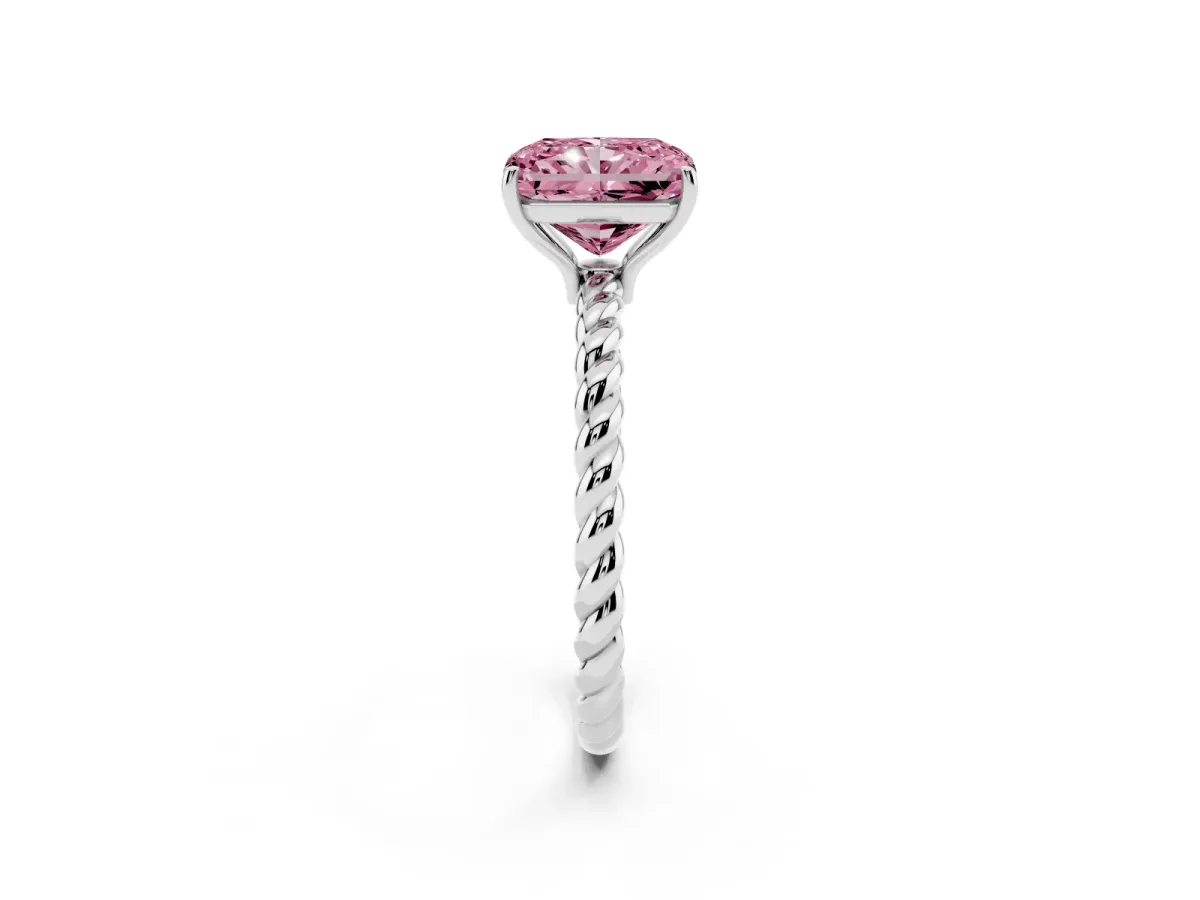 Fancy Pink Radiant Cut Solitaire Twist Band Ring with Four-Prong Setting Platinum