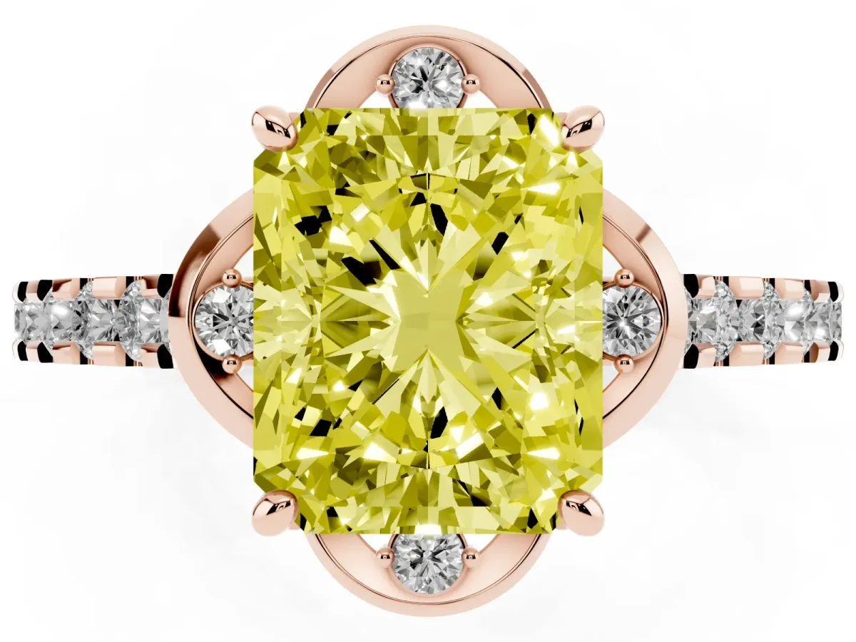 Fancy Yellow Radiant Cut Diamond Ring with Pavé Band and Floral Prong Setting Rose gold