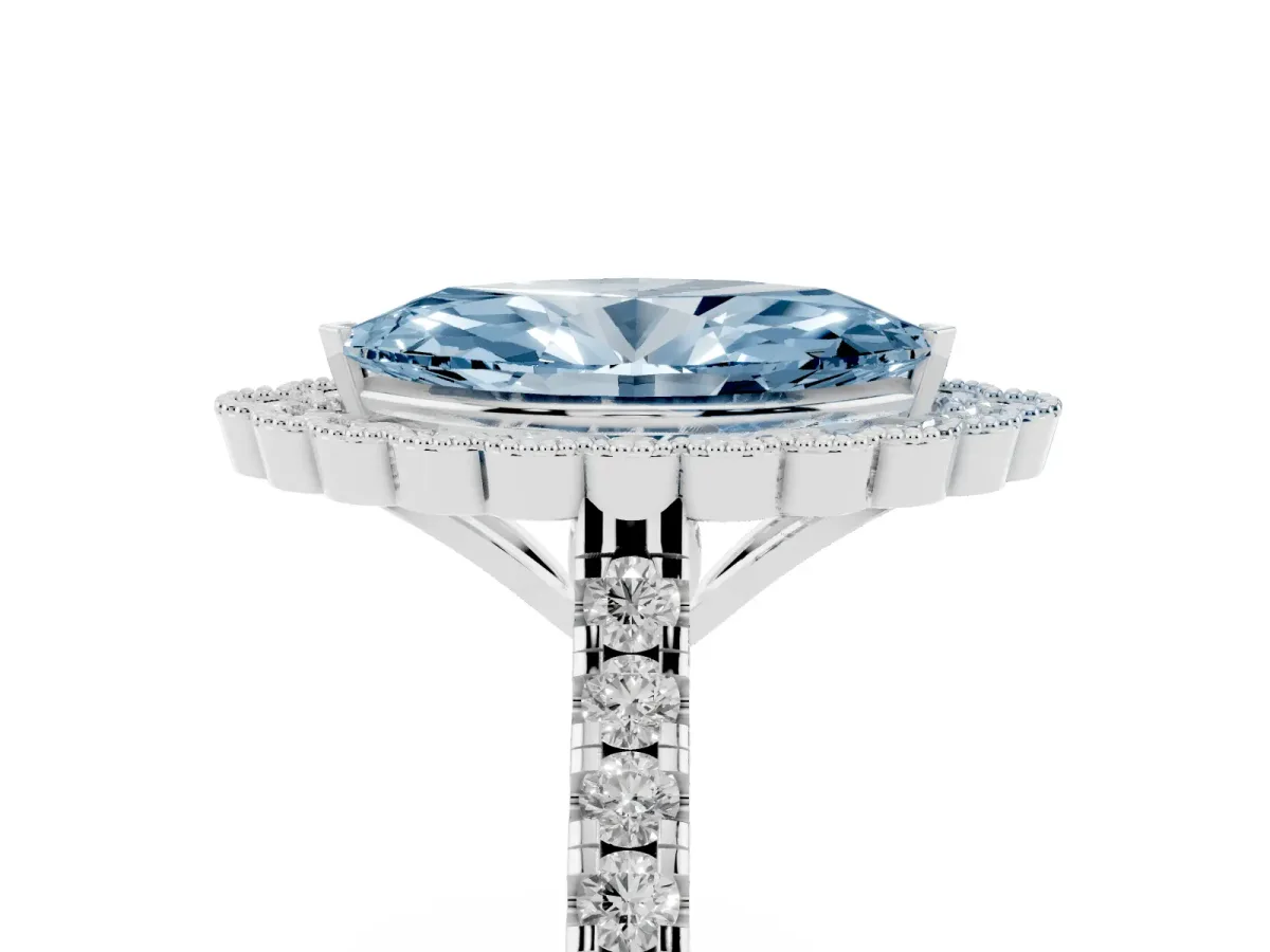 Fancy Blue Marquise Cut Cut Diamond Milgrain Floral Halo Engagement Ring with Pavé Band White gold