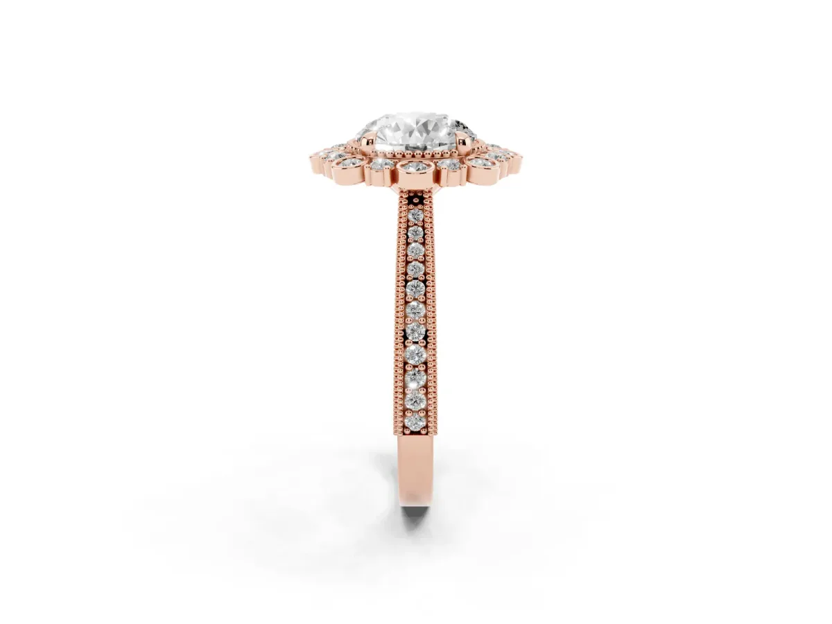Round Cut Halo Milgrain Pave Diamond Ring with Four-Prong Setting Rose gold
