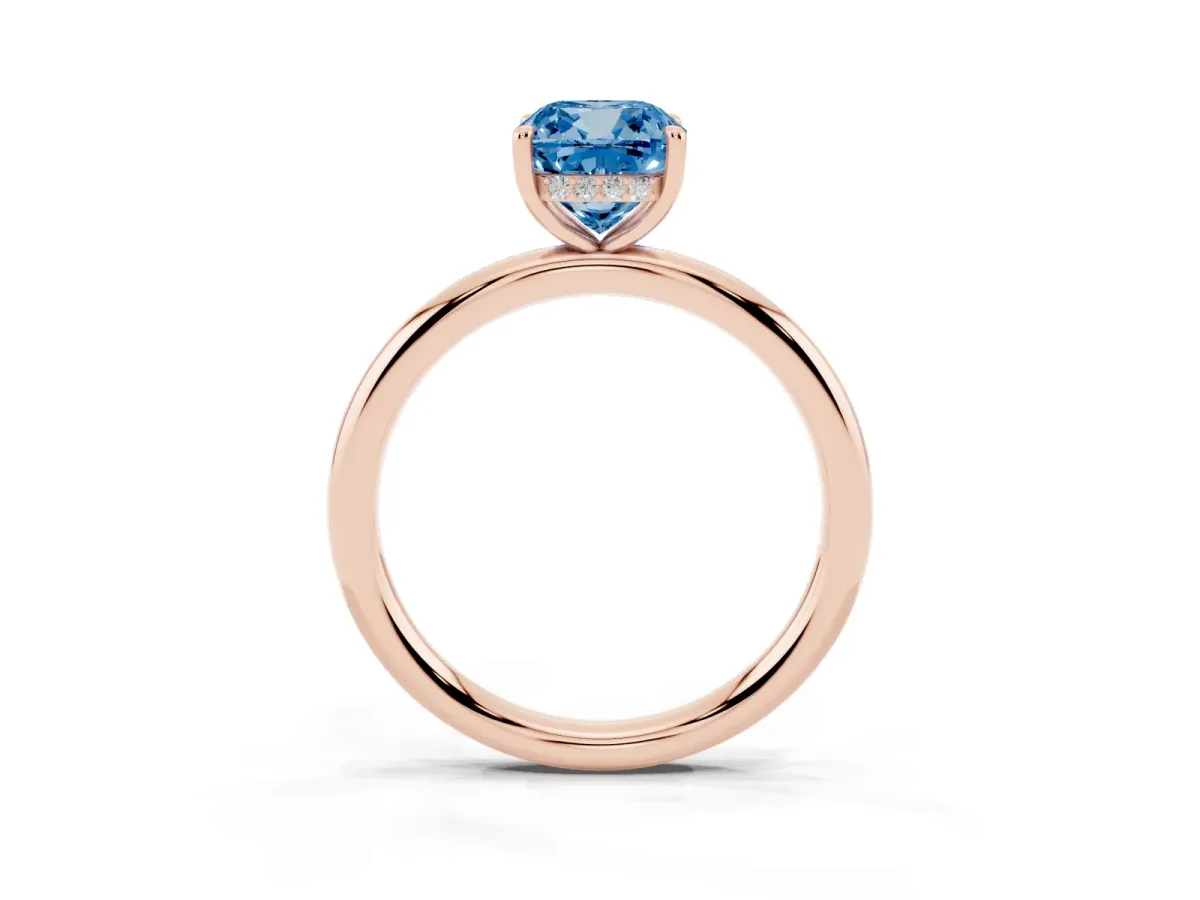 Fancy Blue Cushion Cut Diamond Solitaire Ring with Thin Band and Four-Prong Setting Rose gold