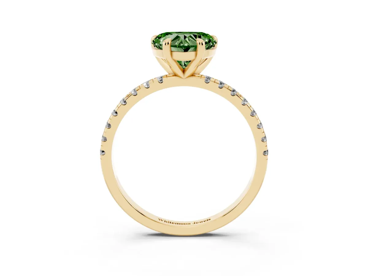 Fancy Green Heart Cut Diamond Brilliant Solitaire Ring with Pavé Band and Four-Prong Setting Yellow gold