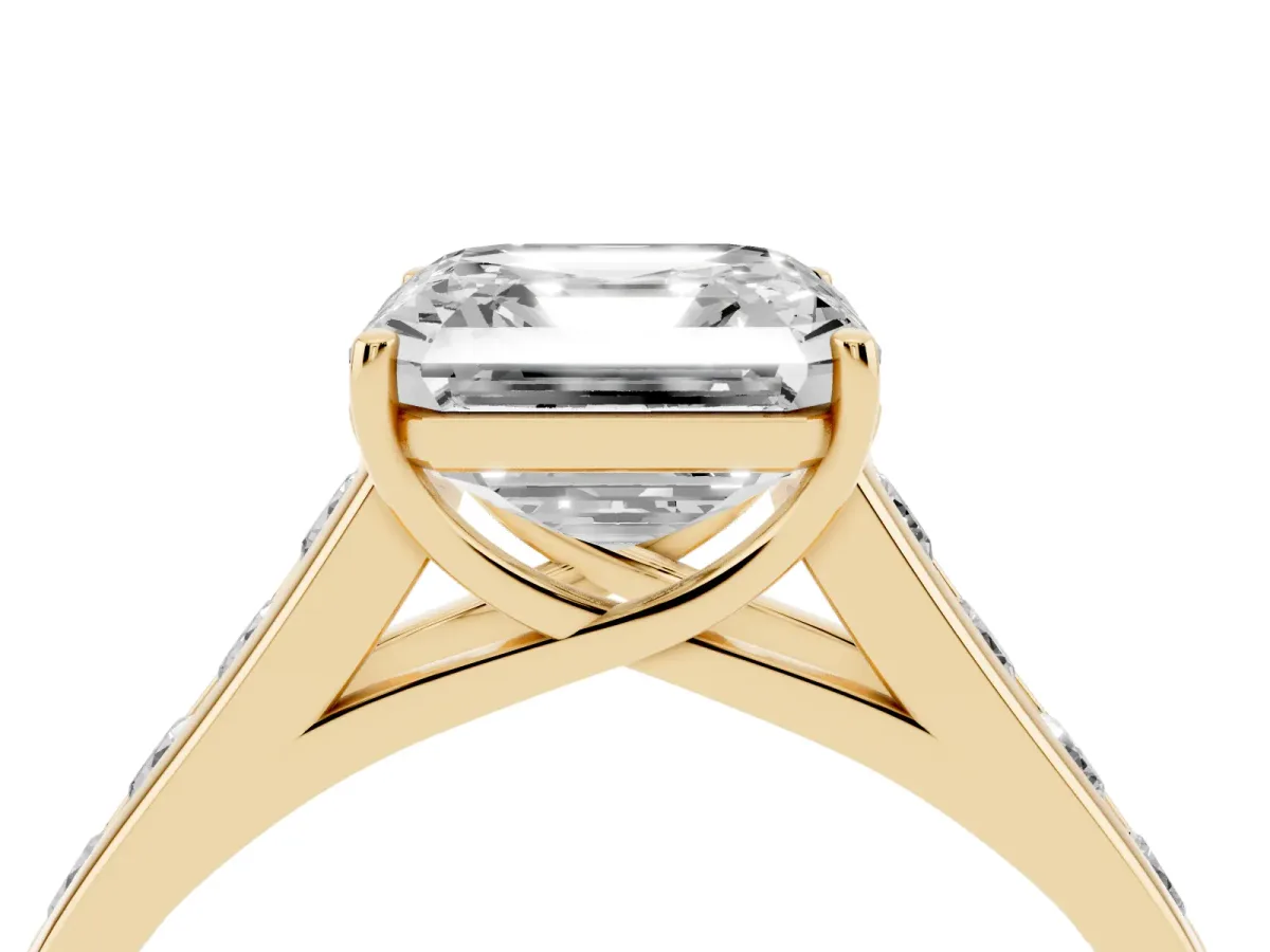 Asscher Cut Brilliant Channel-Set Solitaire Ring with Four-Prong Setting Yellow gold