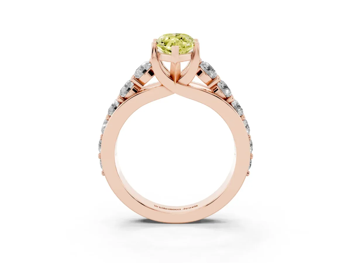 Fancy Yellow Marquise Cut Diamond Engagement Ring with Pavé Band and Four-Prong Setting Rose gold