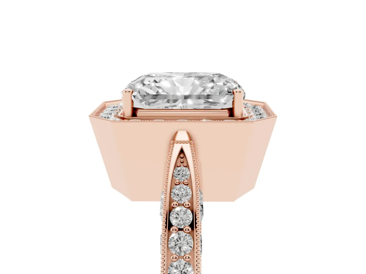 Radiant Cut Halo Diamond Engagement Ring with Split Shank Band and Four-Prong Setting Rose gold