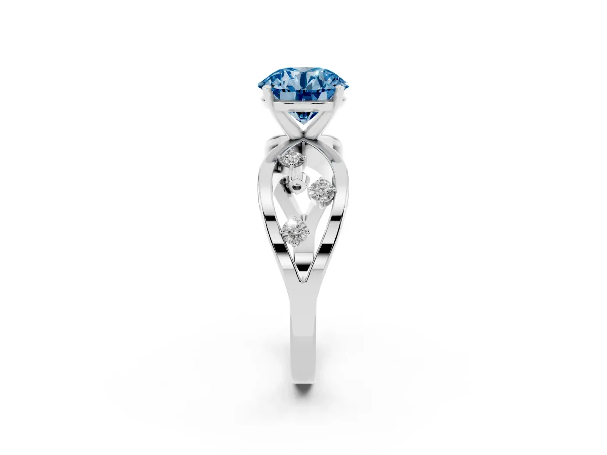 Fancy Blue Round Cut Cut Solitaire Diamond with Side Stones on Criss-Cross Band and Four-Prong Setting Silver