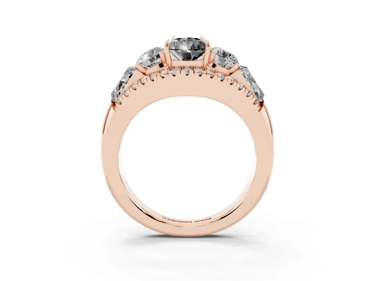 Fancy Black Three-Stone Pear Cut Diamond Engagement Ring with Pave Band and Prong Setting Rose gold