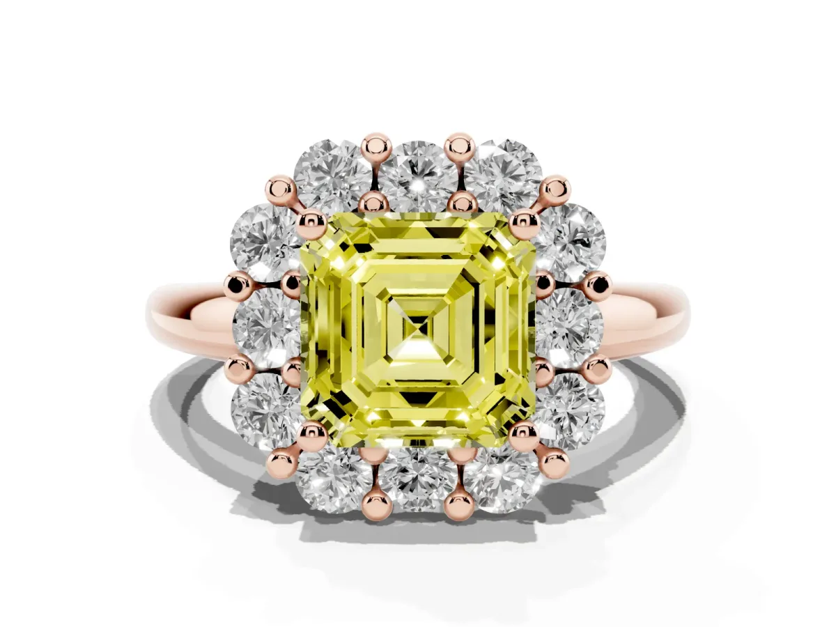 Fancy Yellow Asscher Cut Halo Cluster Diamond Engagement Ring with Prong Setting and Polished Band Rose gold