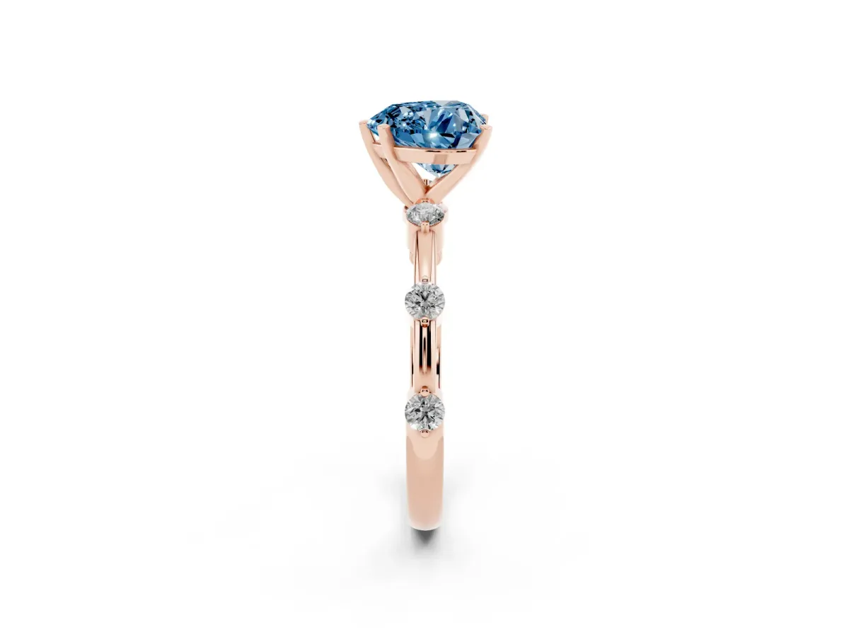 Fancy Blue Heart Cut Solitaire Diamond Ring with Bezel Set Side Stones and Prong Setting Rose gold